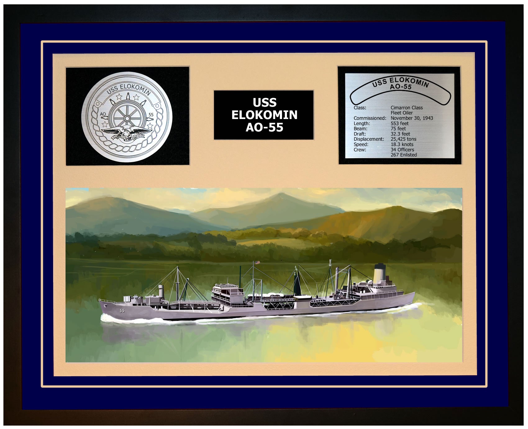 USS ELOKOMIN AO-55 Framed Navy Ship Display Blue