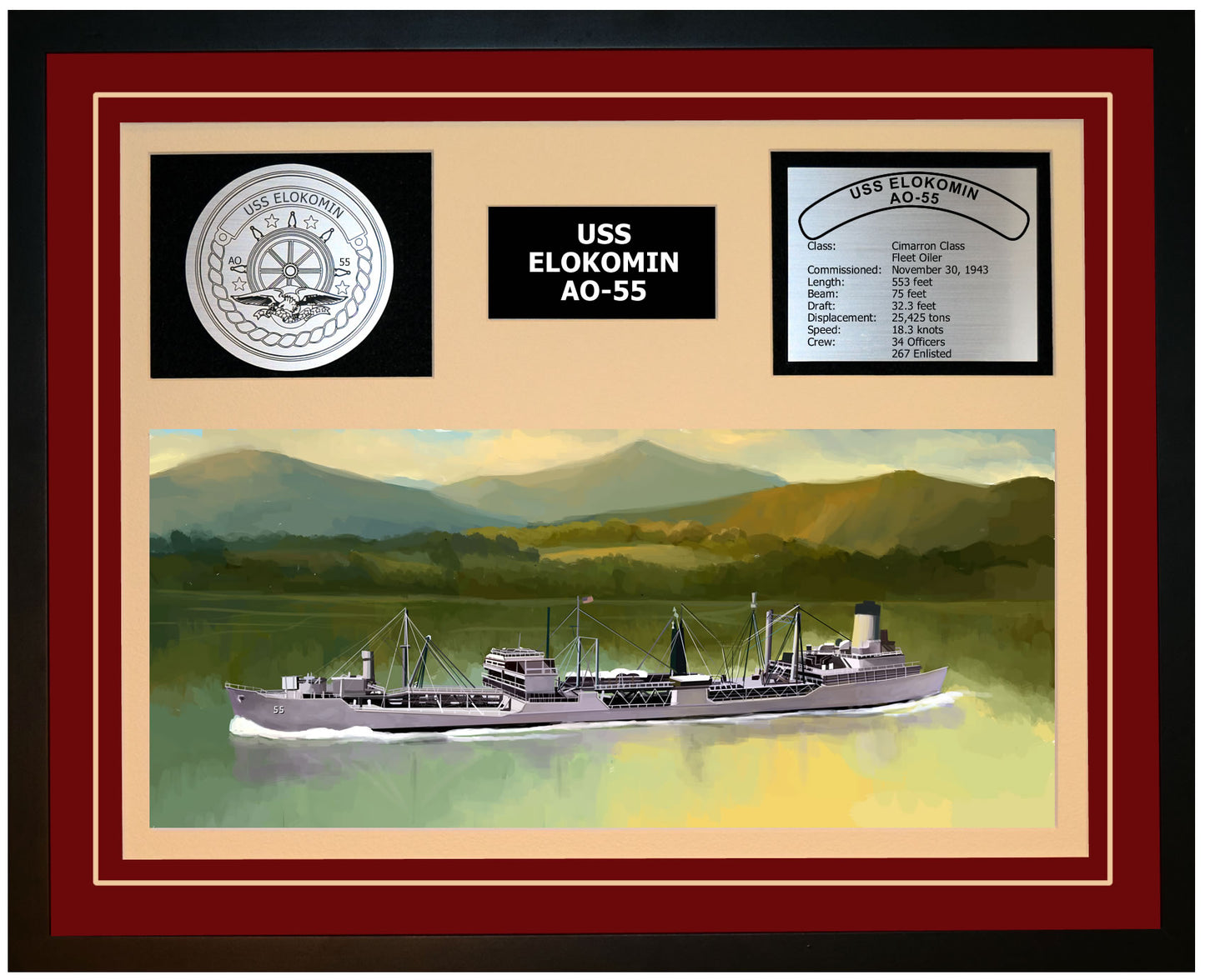 USS ELOKOMIN AO-55 Framed Navy Ship Display Burgundy