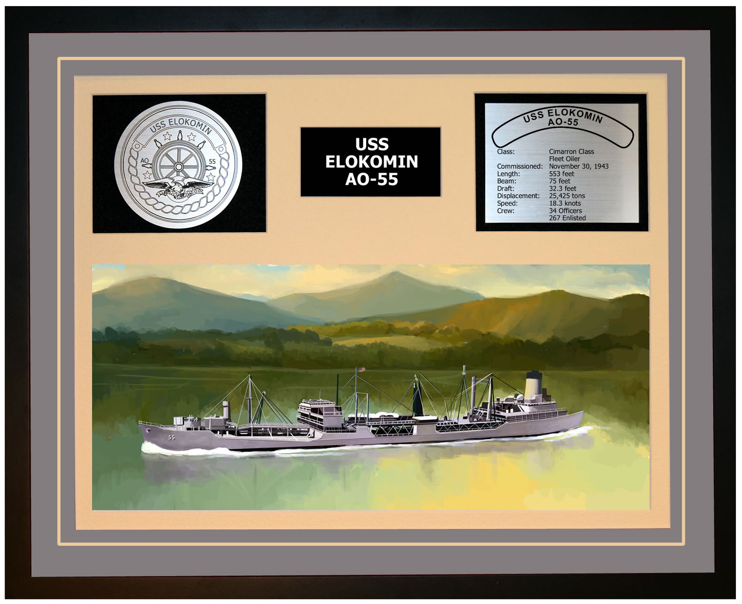 USS ELOKOMIN AO-55 Framed Navy Ship Display Grey