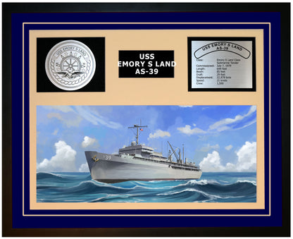 USS EMORY S LAND AS-39 Framed Navy Ship Display Blue