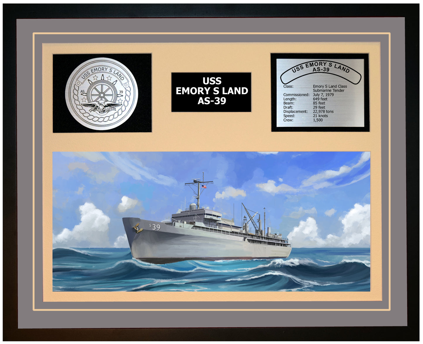 USS EMORY S LAND AS-39 Framed Navy Ship Display Grey