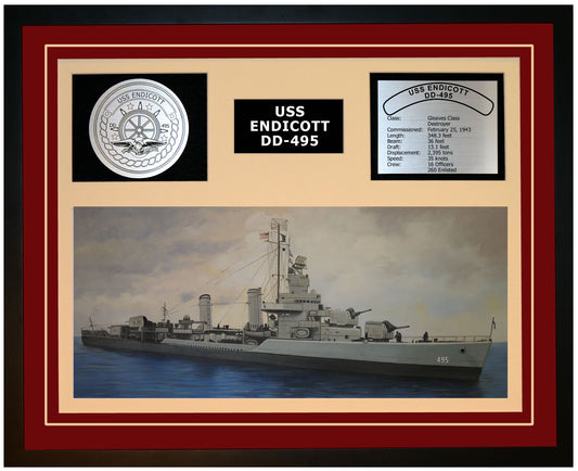 USS ENDICOTT DD-495 Framed Navy Ship Display Burgundy