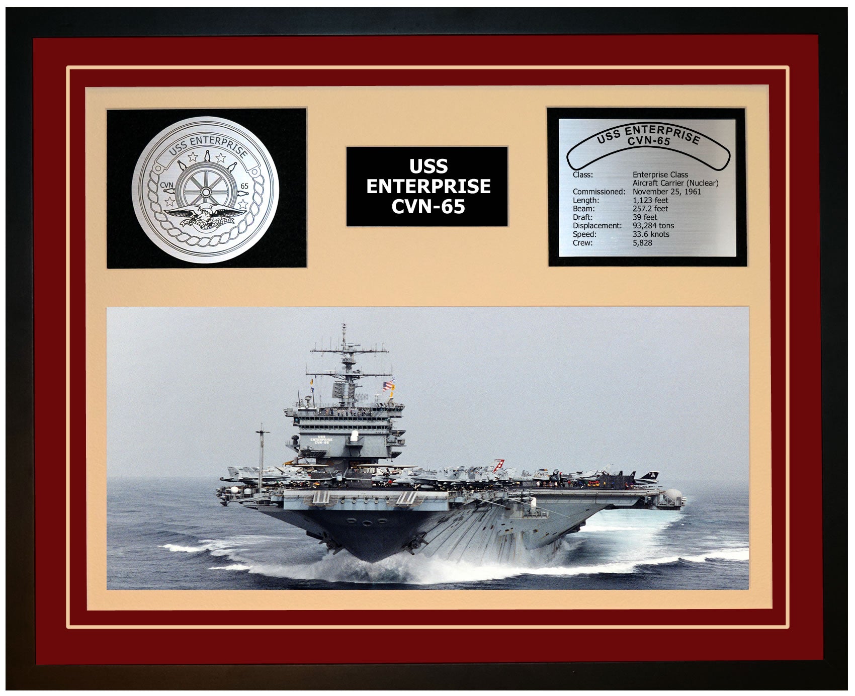USS ENTERPRISE CVN-65 Framed Navy Ship Display Burgundy
