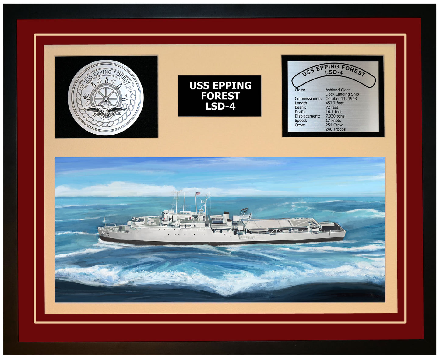 USS EPPING FOREST LSD-4 Framed Navy Ship Display Burgundy