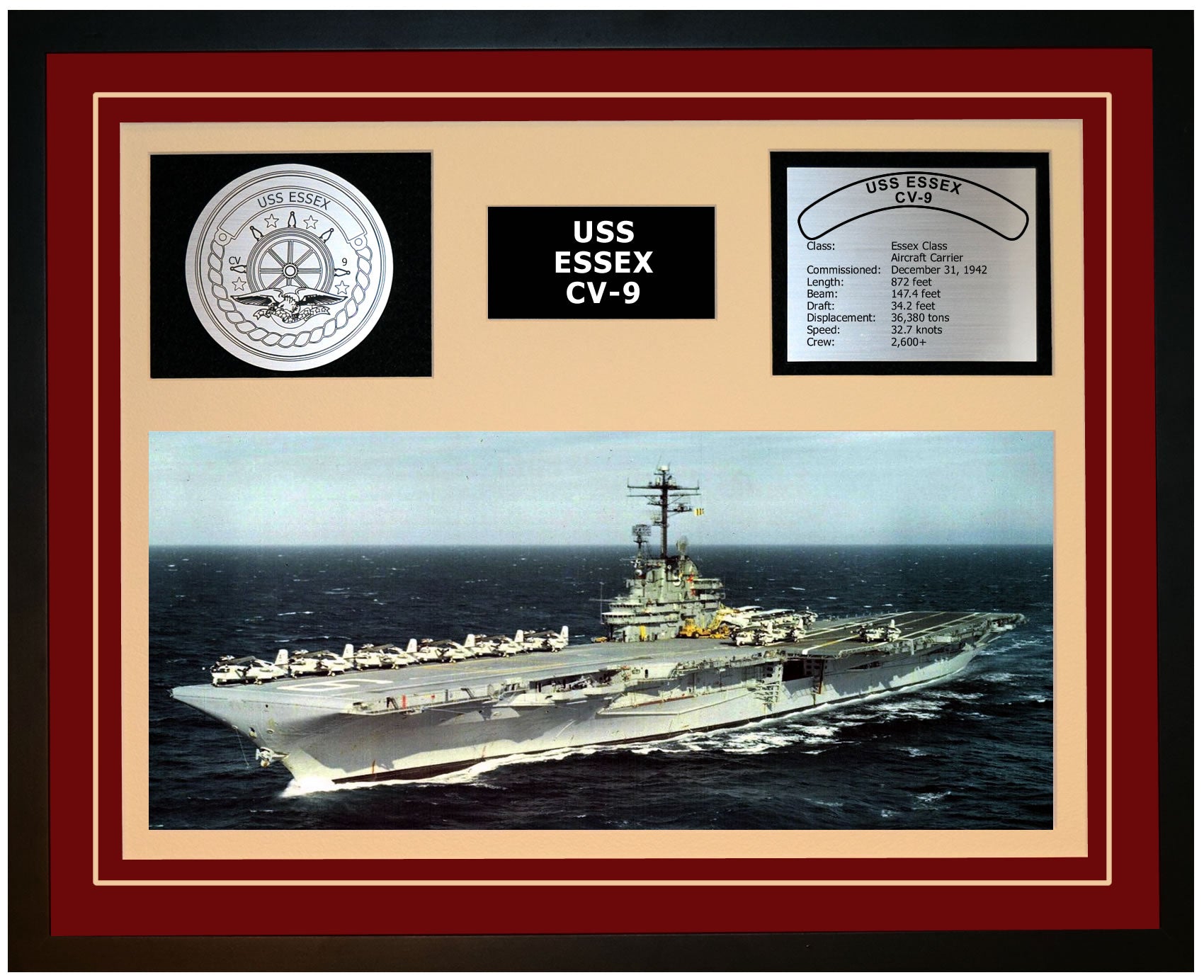 USS ESSEX CV-9 Framed Navy Ship Display Burgundy
