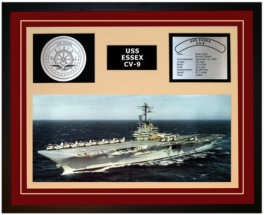 USS ESSEX CV-9 Framed Navy Ship Display Burgundy