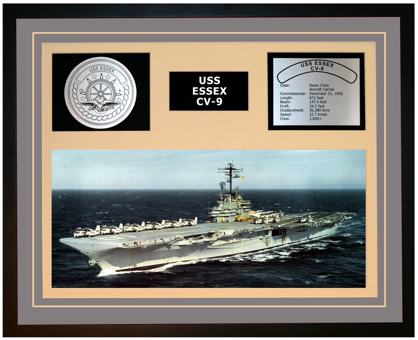 USS ESSEX CV-9 Framed Navy Ship Display Grey