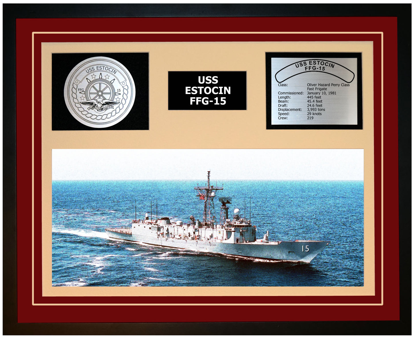 USS ESTOCIN FFG-15 Framed Navy Ship Display Burgundy