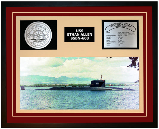 USS ETHAN ALLEN SSBN-608 Framed Navy Ship Display Burgundy
