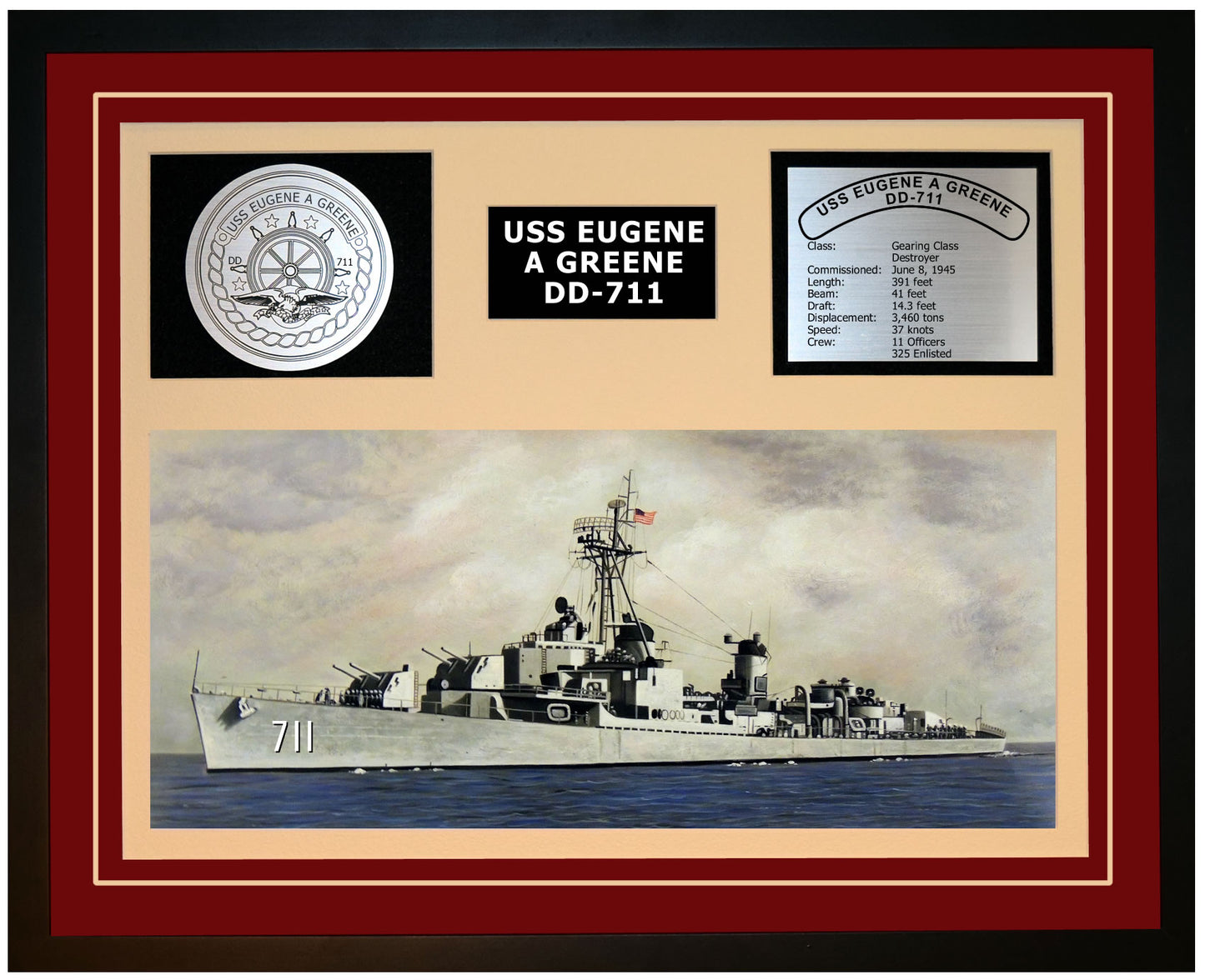 USS EUGENE A GREENE DD-711 Framed Navy Ship Display Burgundy