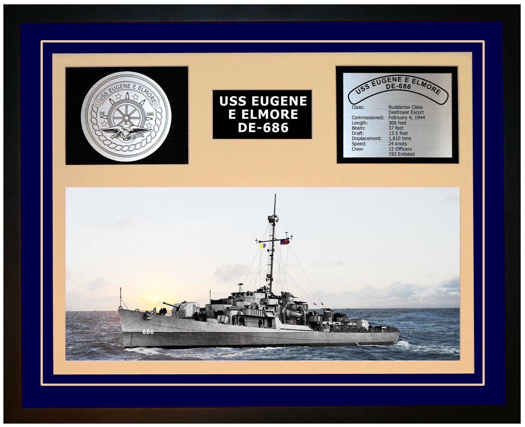 USS EUGENE E ELMORE DE-686 Framed Navy Ship Display Blue