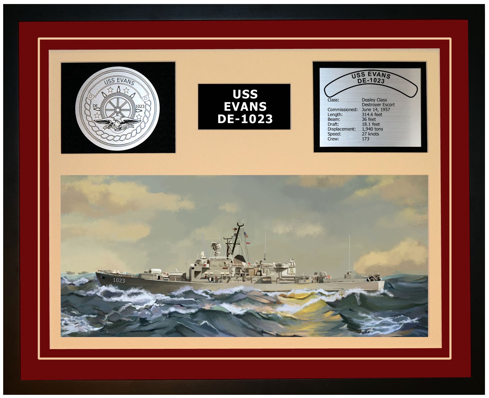 USS EVANS DE-1023 Framed Navy Ship Display Burgundy
