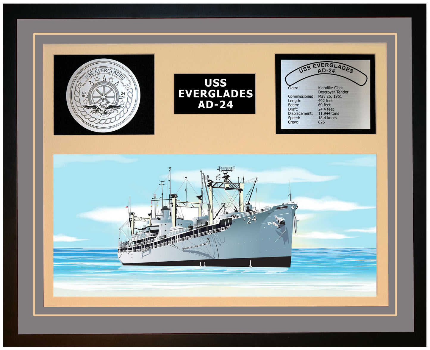 USS EVERGLADES AD-24 Framed Navy Ship Display Grey