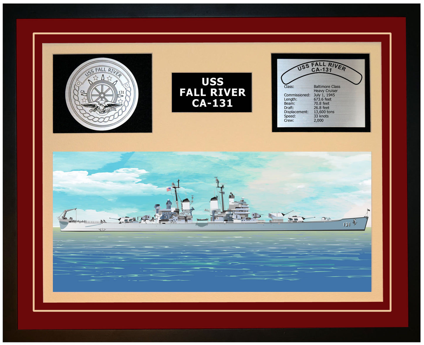 USS FALL RIVER CA-131 Framed Navy Ship Display Burgundy