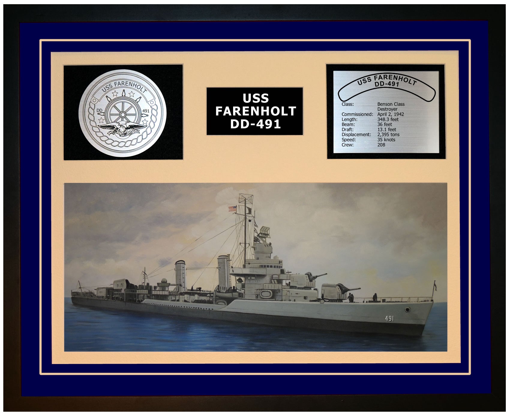 USS FARENHOLT DD-491 Framed Navy Ship Display Blue