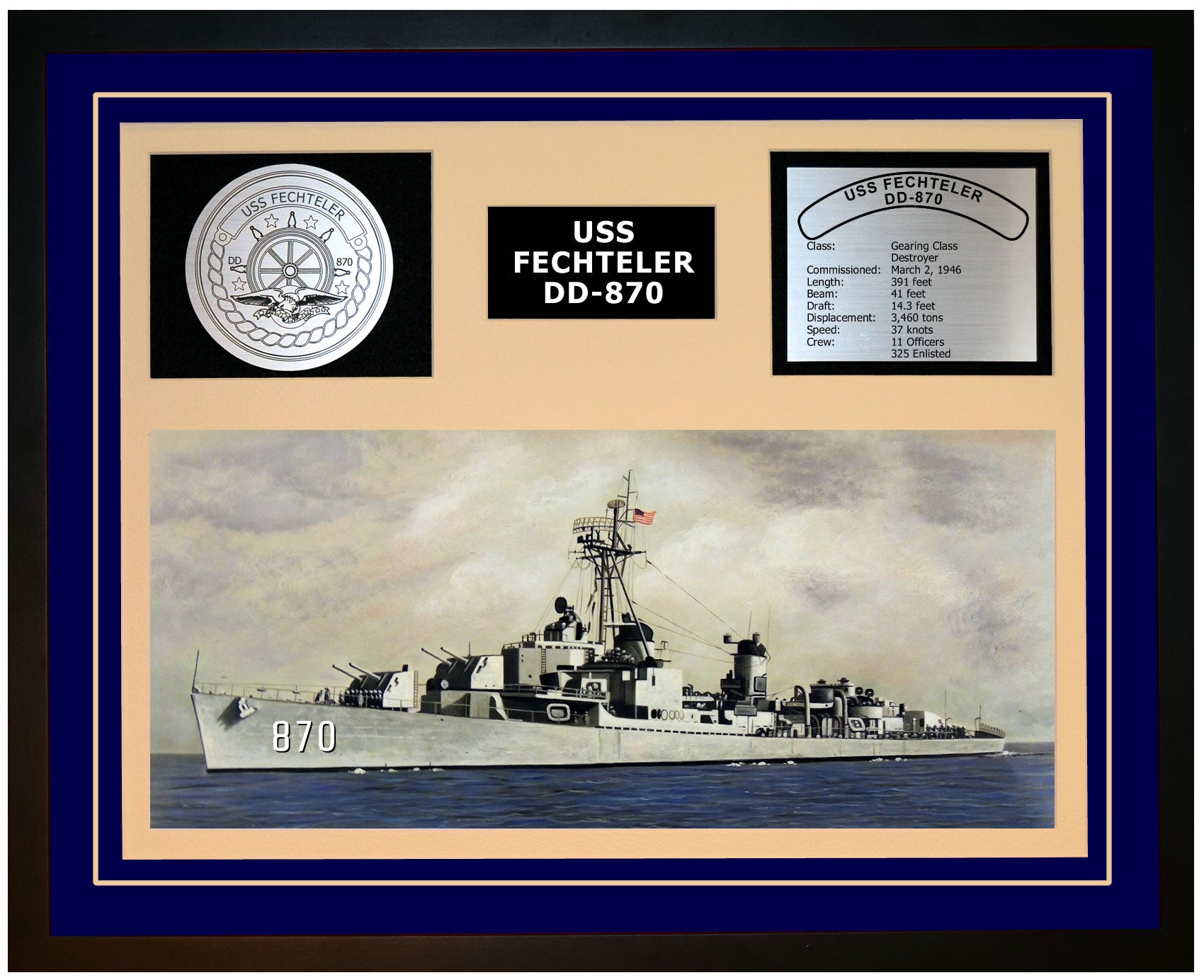 USS FECHTELER DD-870 Framed Navy Ship Display Blue