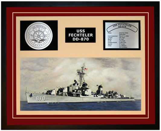 USS FECHTELER DD-870 Framed Navy Ship Display Burgundy