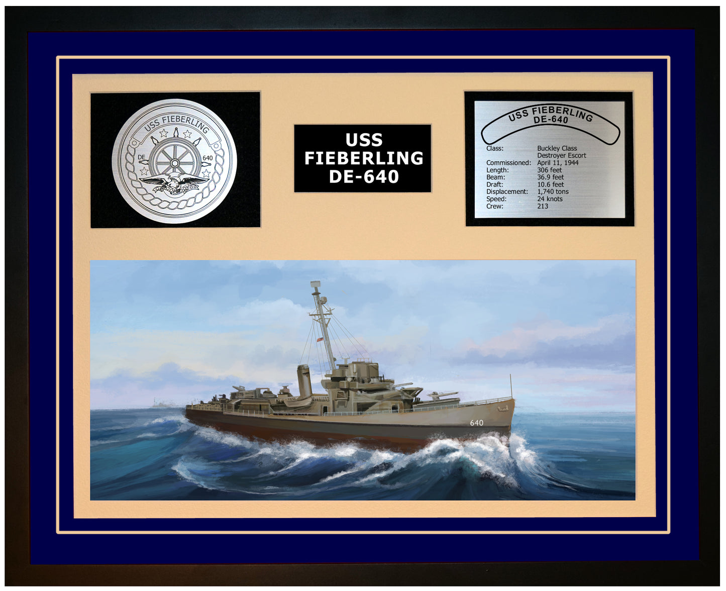 USS FIEBERLING DE-640 Framed Navy Ship Display Blue