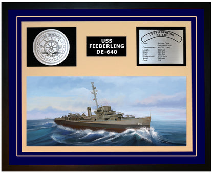 USS FIEBERLING DE-640 Framed Navy Ship Display Blue