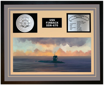 USS FINBACK SSN-670 Framed Navy Ship Display Grey