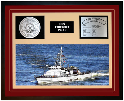 USS FIREBOLT PC-10 Framed Navy Ship Display Burgundy