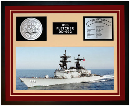 USS FLETCHER DD-992 Framed Navy Ship Display Burgundy