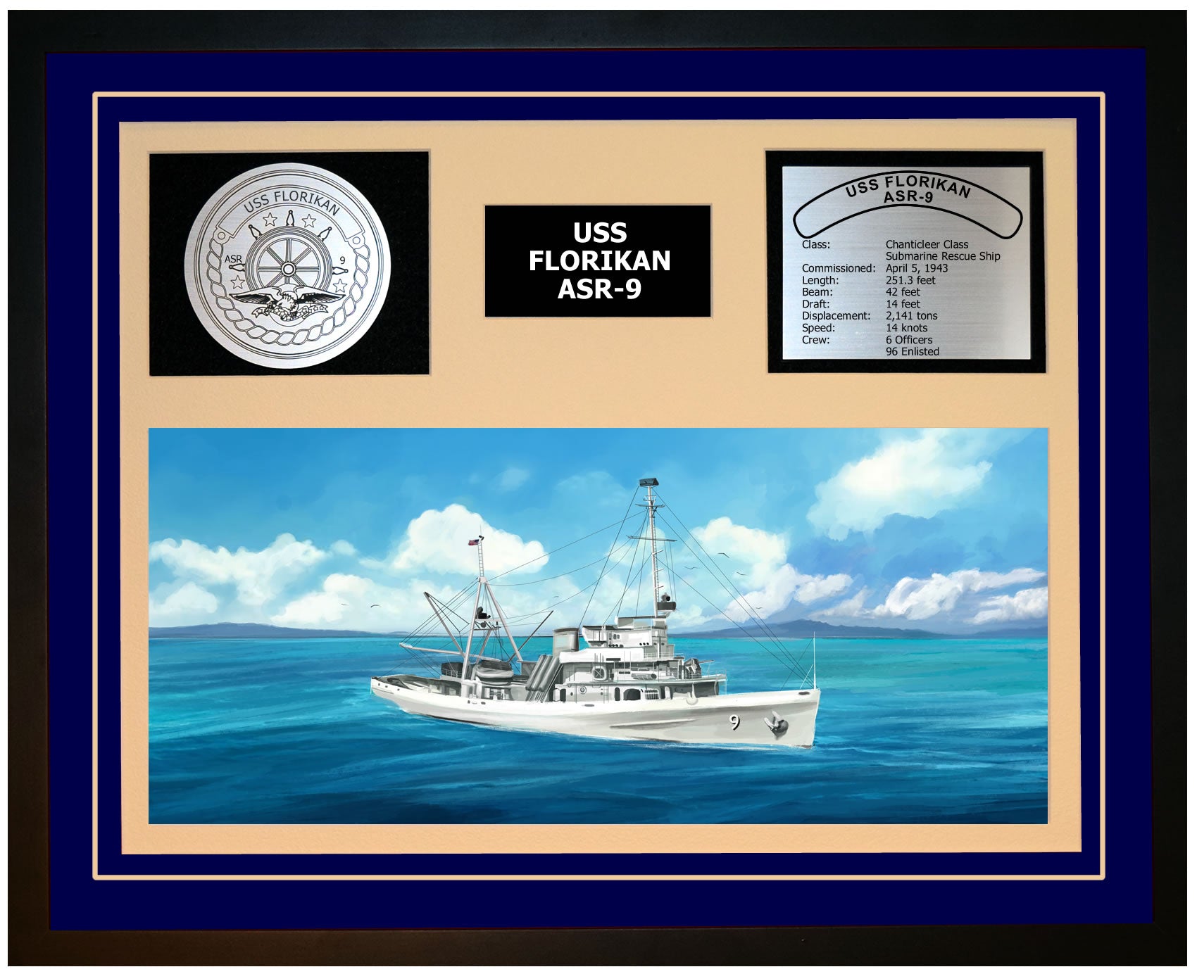 USS FLORIKAN ASR-9 Framed Navy Ship Display Blue