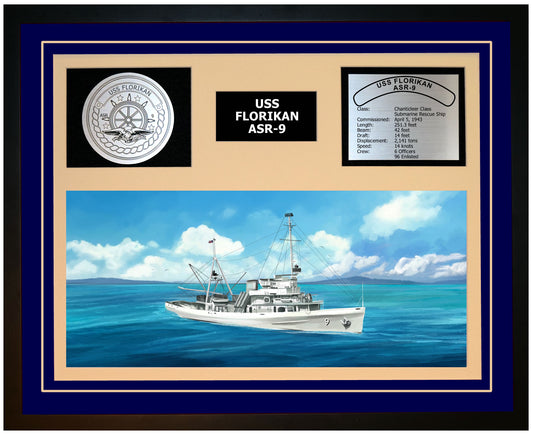 USS FLORIKAN ASR-9 Framed Navy Ship Display Blue