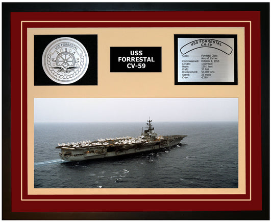 USS FORRESTAL CV-59 Framed Navy Ship Display Burgundy