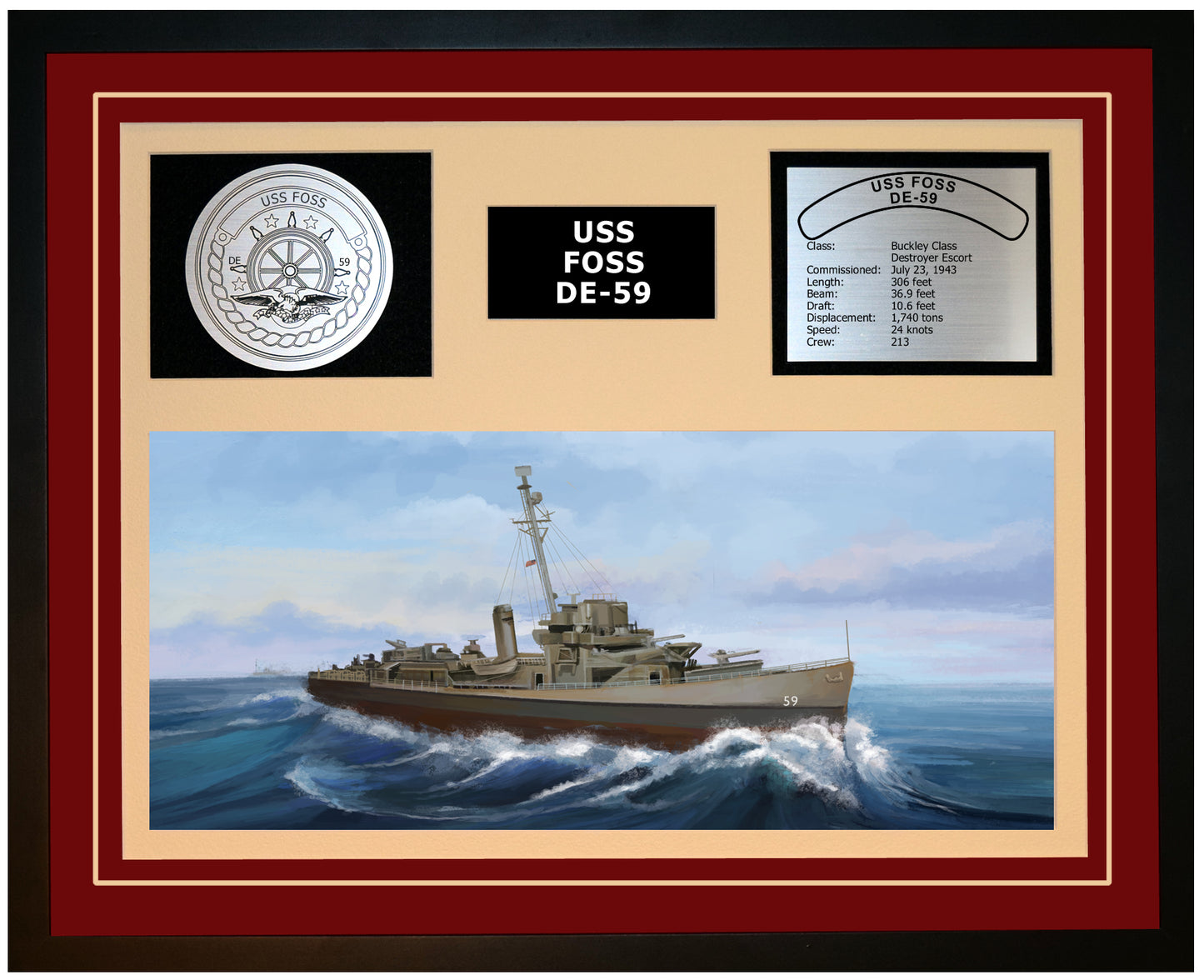 USS FOSS DE-59 Framed Navy Ship Display Burgundy