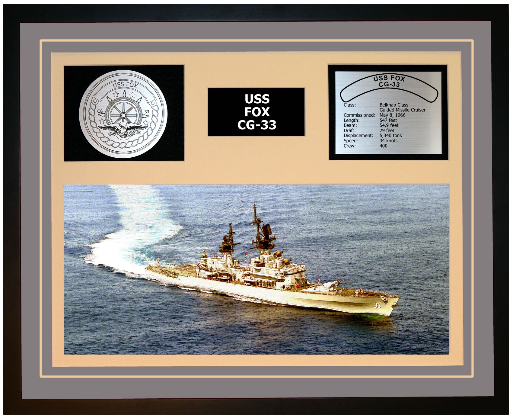 USS FOX CG-33 Framed Navy Ship Display Grey