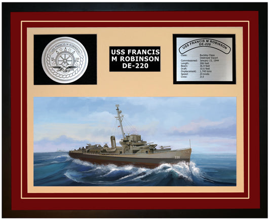 USS FRANCIS M ROBINSON DE-220 Framed Navy Ship Display Burgundy