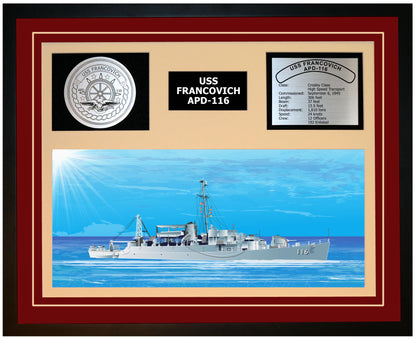 USS FRANCOVICH APD-116 Framed Navy Ship Display Burgundy