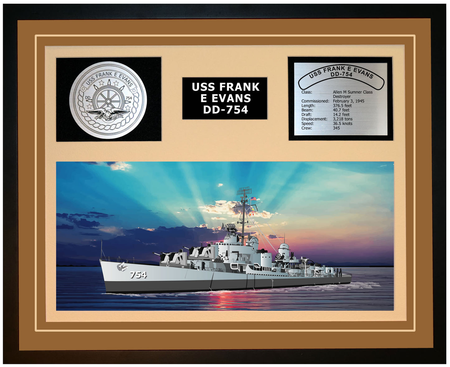 USS FRANK E EVANS DD-754 Framed Navy Ship Display Brown