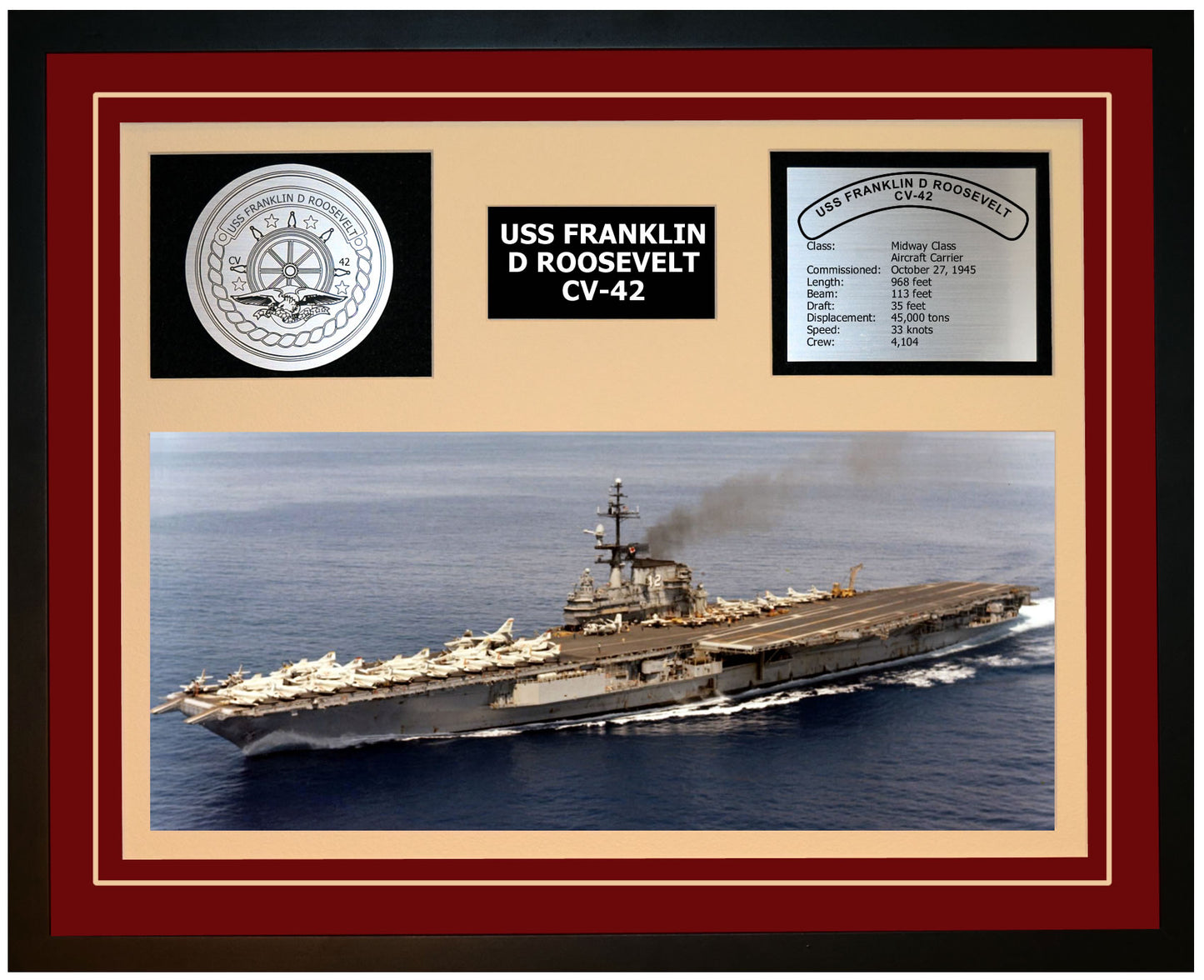 USS FRANKLIN D ROOSEVELT CV-42 Framed Navy Ship Display Burgundy