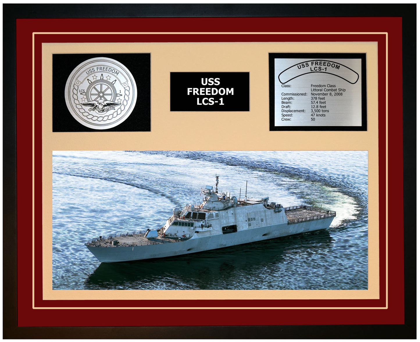 USS FREEDOM LCS-1 Framed Navy Ship Display Burgundy