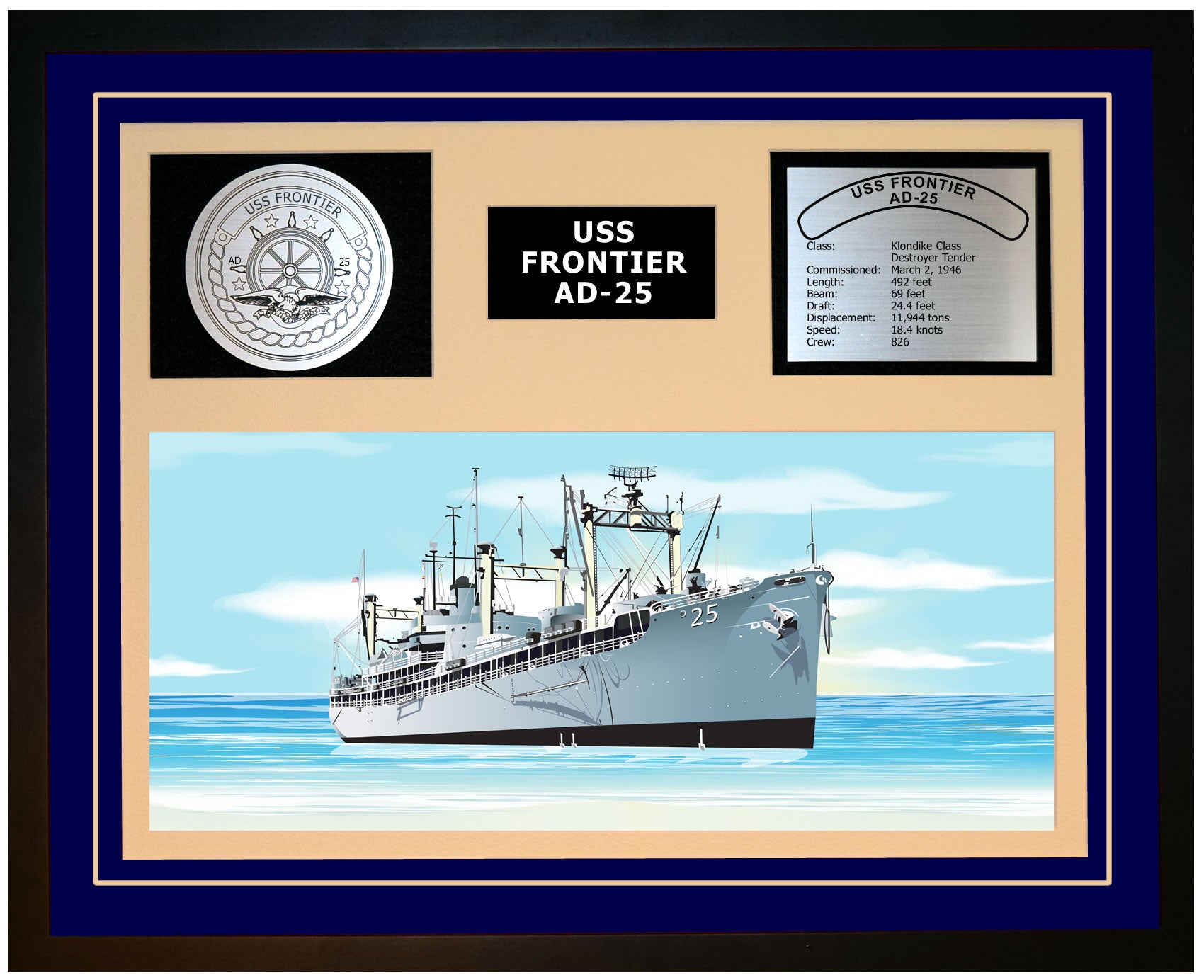 USS FRONTIER AD-25 Framed Navy Ship Display Blue