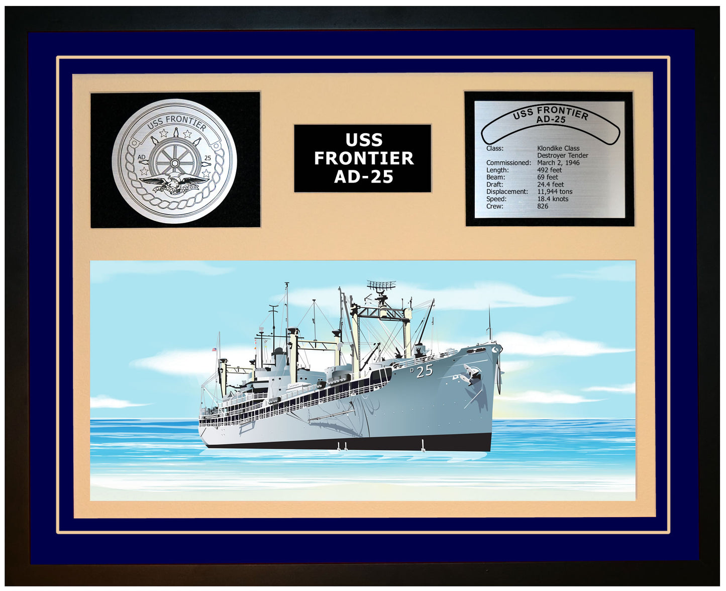 USS FRONTIER AD-25 Framed Navy Ship Display Blue