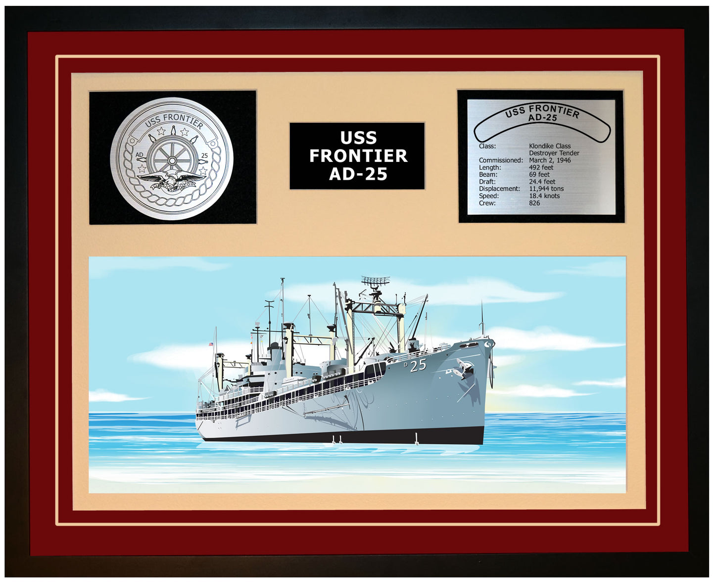USS FRONTIER AD-25 Framed Navy Ship Display Burgundy