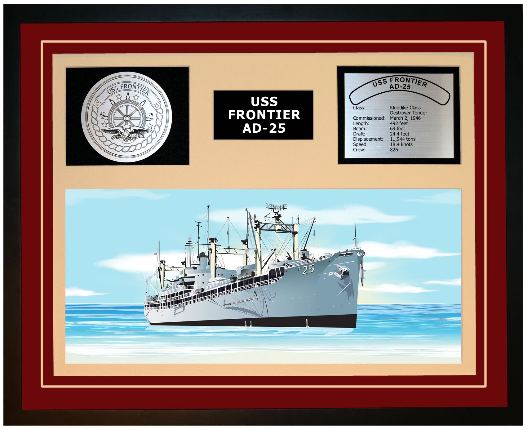 USS FRONTIER AD-25 Framed Navy Ship Display Burgundy
