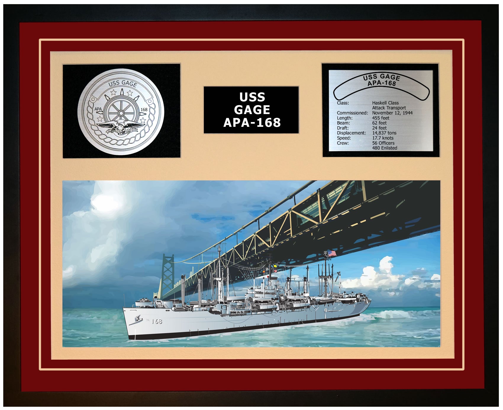 USS GAGE APA-168 Framed Navy Ship Display Burgundy