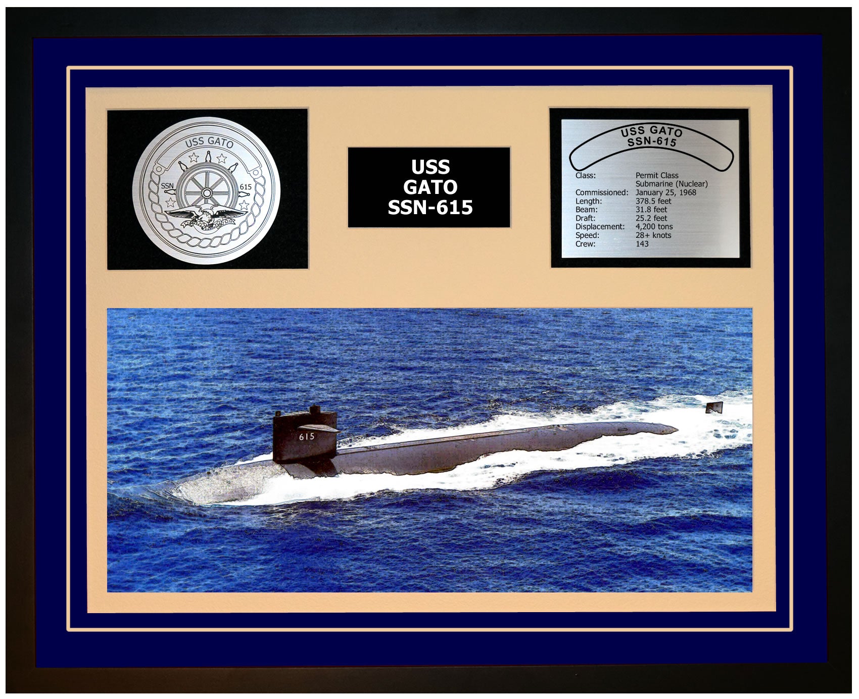 USS GATO SSN-615 Framed Navy Ship Display Blue