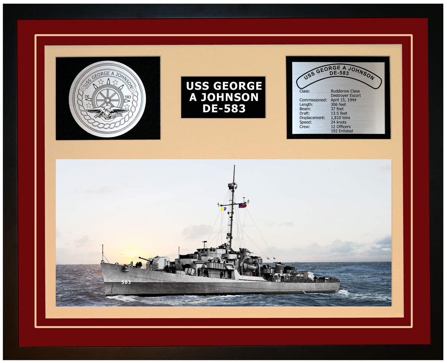 USS GEORGE A JOHNSON DE-583 Framed Navy Ship Display Burgundy