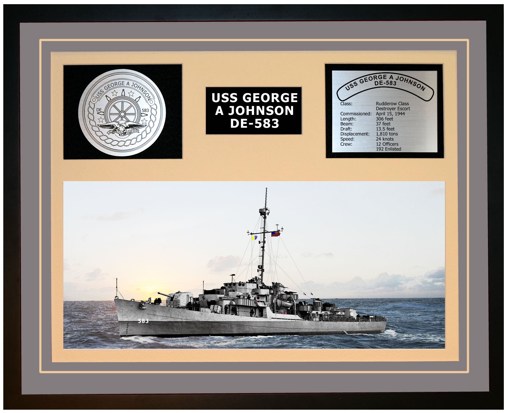 USS GEORGE A JOHNSON DE-583 Framed Navy Ship Display Grey