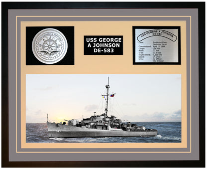 USS GEORGE A JOHNSON DE-583 Framed Navy Ship Display Grey