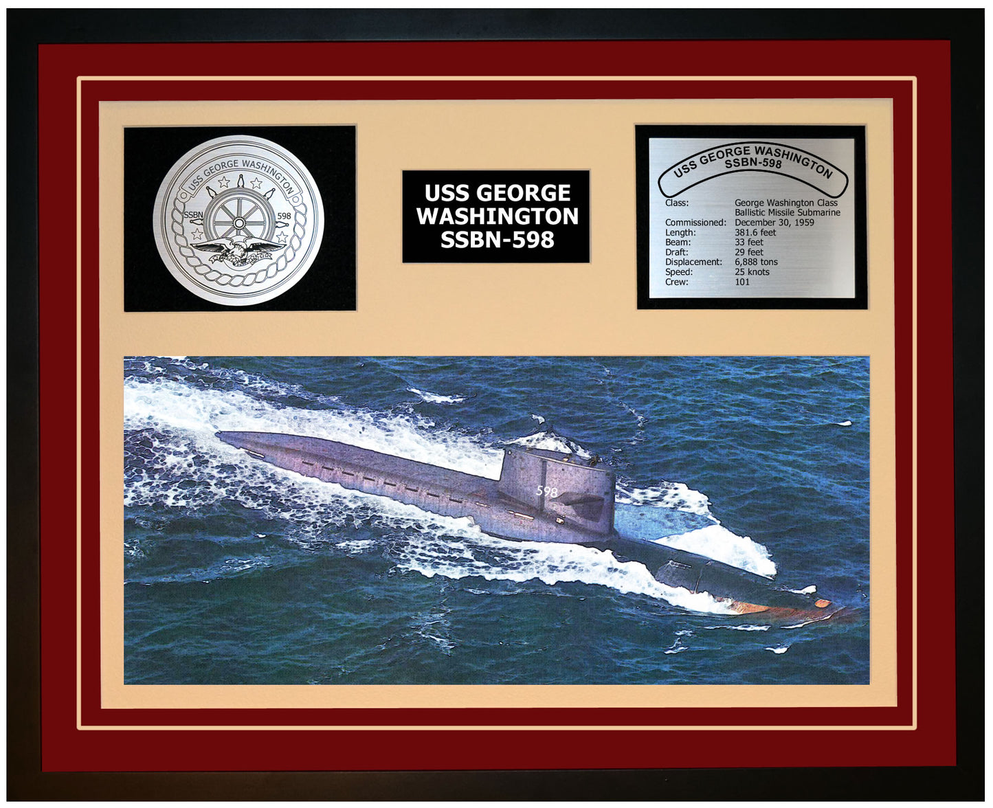 USS GEORGE WASHINGTON SSBN-598 Framed Navy Ship Display Burgundy