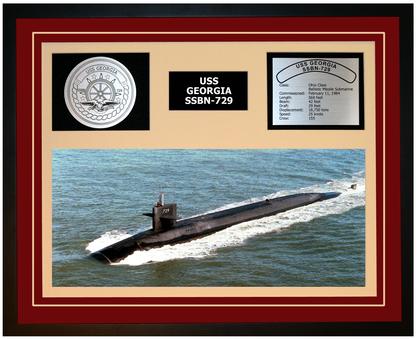 USS GEORGIA SSBN-729 Framed Navy Ship Display Burgundy