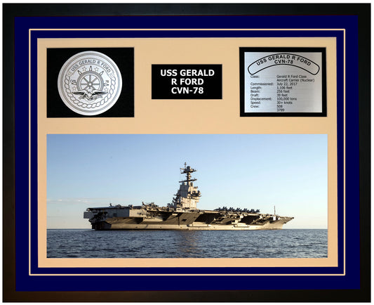 USS GERALD R FORD CVN-78 Framed Navy Ship Display Blue