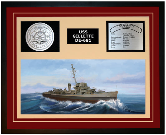 USS GILLETTE DE-681 Framed Navy Ship Display Burgundy