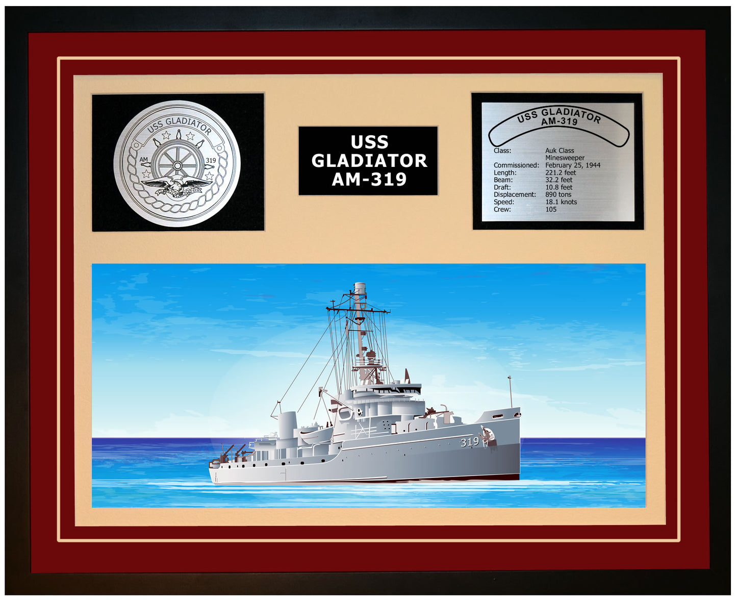 USS GLADIATOR AM-319 Framed Navy Ship Display Burgundy